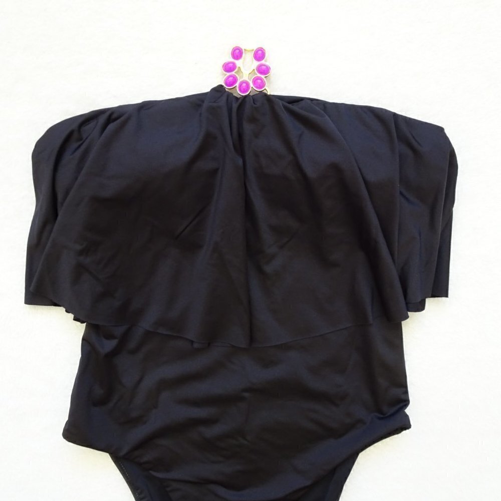Trina Turk One Piece Swim Suit Size 4 Black Bijou Ruffle Overlay Strapless - Picture 2 of 7